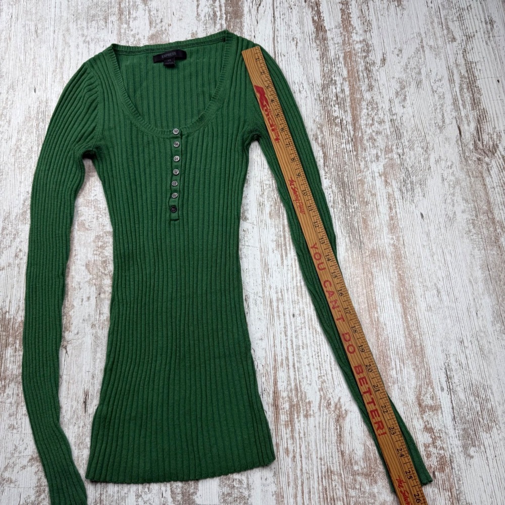 VTG Y2K Express Green Ribbed Henley Scoop Neck Long Sleeve Top Size XS Fitted - Picture 6 of 8